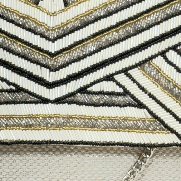 America & Beyond‎ Beaded Chevron Clutch Crossbody Bag White Gold Black NWOT